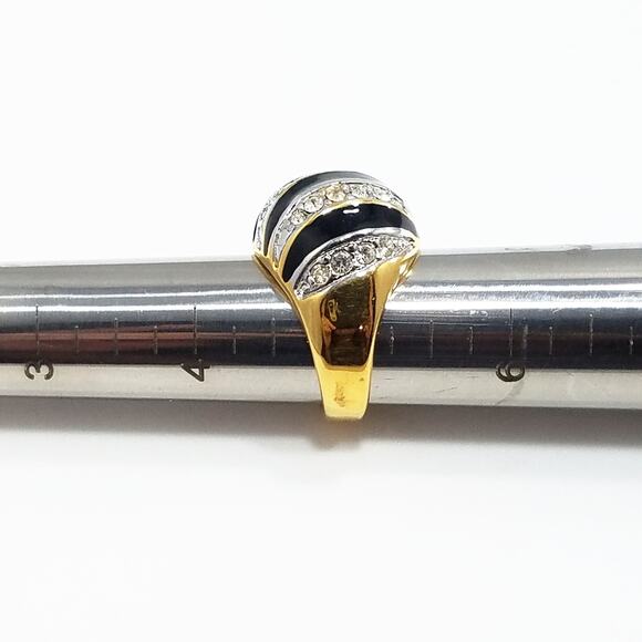 Vintage Cocktail 18 KHGE Ring, Black Enamel, Clear Rhinestones, Size 5, 1990s - Picture 9 of 10